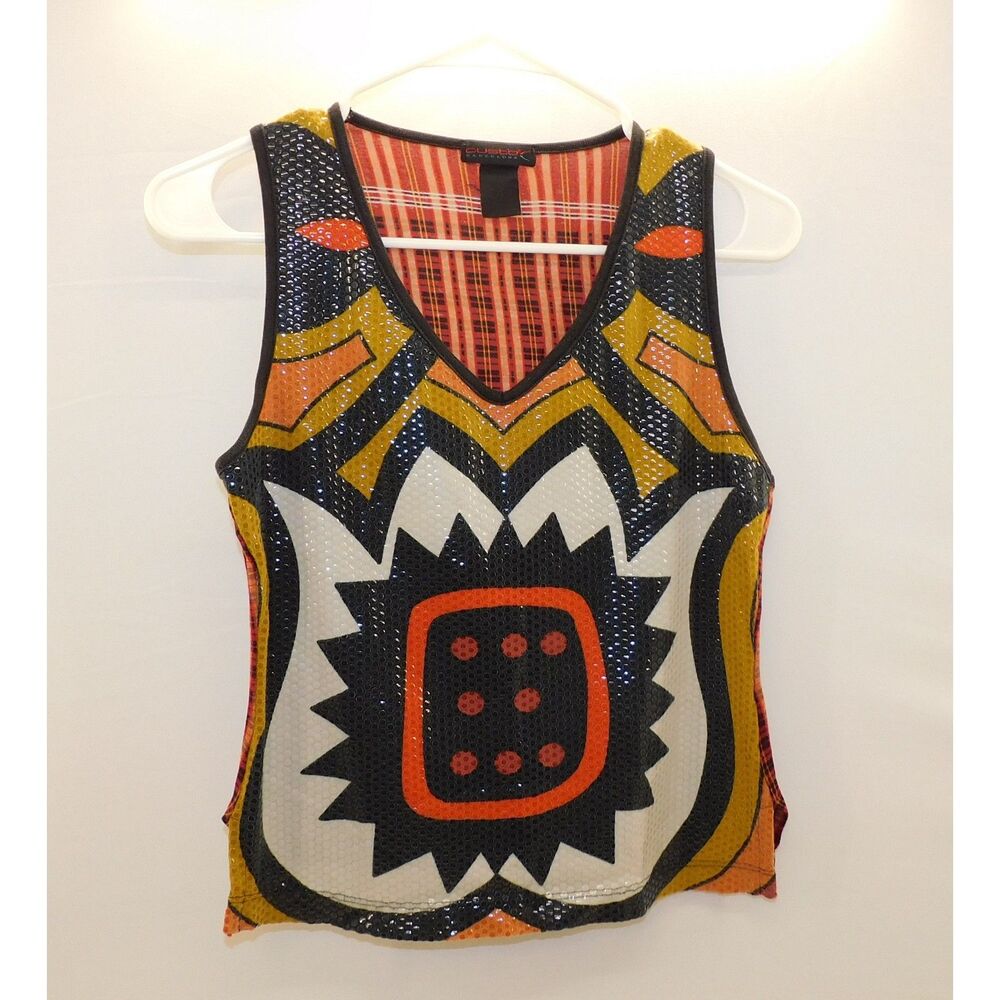 VTG Custo Barcelona Graphic Tank Top Mesh Pop Art Tribal Print Y2K Women's XS/S